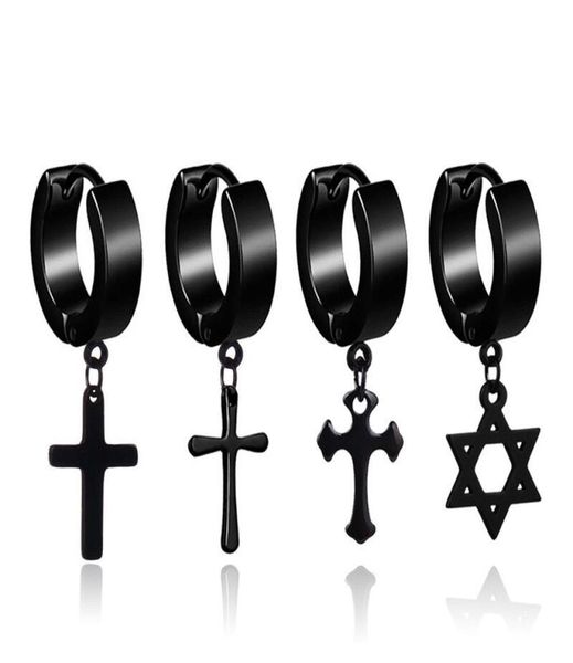 

whole 477e 316l titanium steel cross six stars drop earrings for men black white gold color5325210, Silver