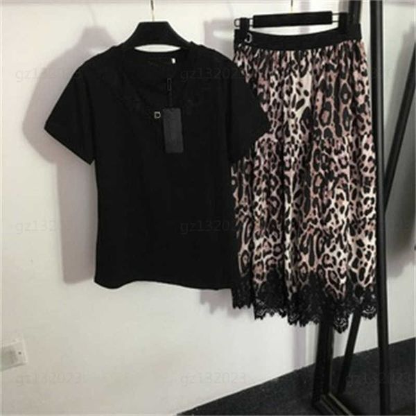 

fashion t shirt women suit summer set lace laces short sleeve round neck t-shirt leopard print high waist half skirt womens designer clothin, White