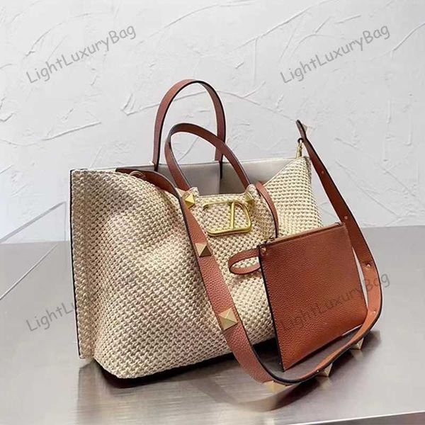 

designer v brand straw bags rivet shoulder crossbody bag fashion summer beach bags women leather crochet luxury handbags tote classic female