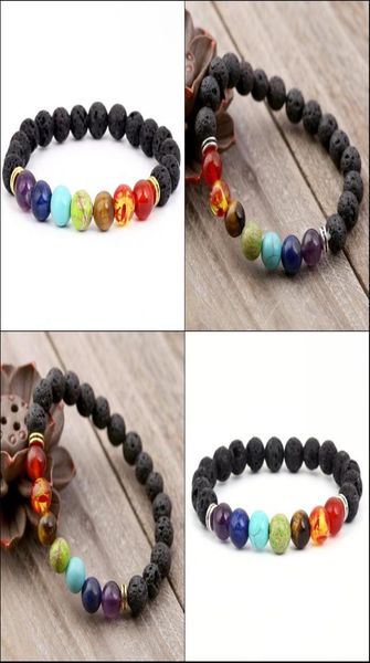 

2 styles 7 chakra natural lava stone bracelet charm essential oil diffuser bracelet healing yoga beads stretch bracelets5205320, Black