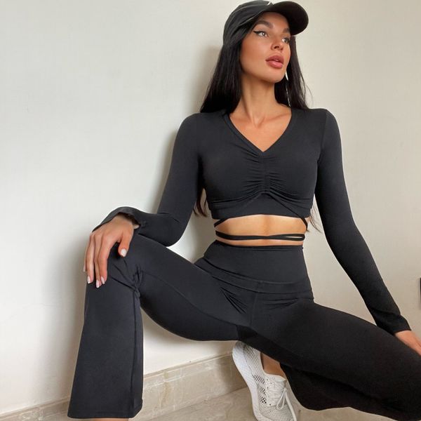 

europe and america cross border yoga suit female drawstring coat flared cuffs high waist abdominal-shaping slimming yoga bell-bottom pants, White;red