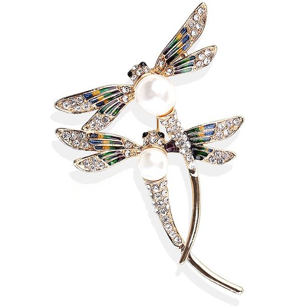 

rhinestone double dragonfly brooch crystal pearl insect badge brooches pins women banquet party wedding jewelry accessories, Gray