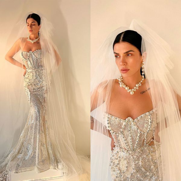

luxury mermaid wedding dresses sweetheart beads appliques bridal gowns custom made lace-up back sweep train robe de mariee, White