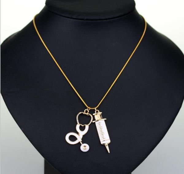 

new stethoscope syringe necklaces nurse doctor pysicial medical heart choker jewelry women student graduation gift1696925, Silver