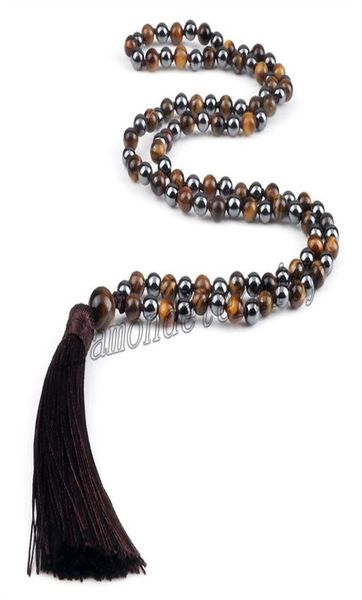 

natural stone necklace for women men tiger eye hematite 108 beads mala necklaces handmade tassel yoga jewelry gift9124676, Silver