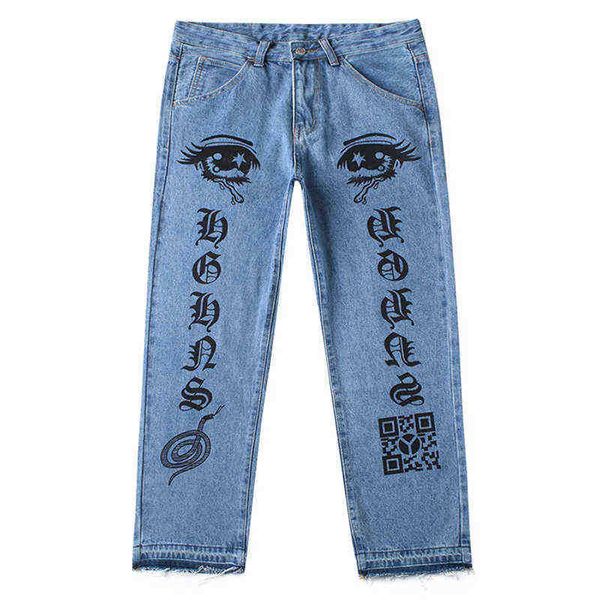 

new fashion 2021 graffiti print hip hop men straight jeans trousers stylish loose women denim pants punk goth pantnes hombre t220803, Blue