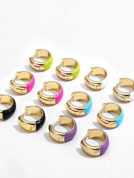

multicolor enamel small round circle hoop earrings for women cute gold color cshaped huggie earrings metal ear buckle jewelry1544875, Golden;silver
