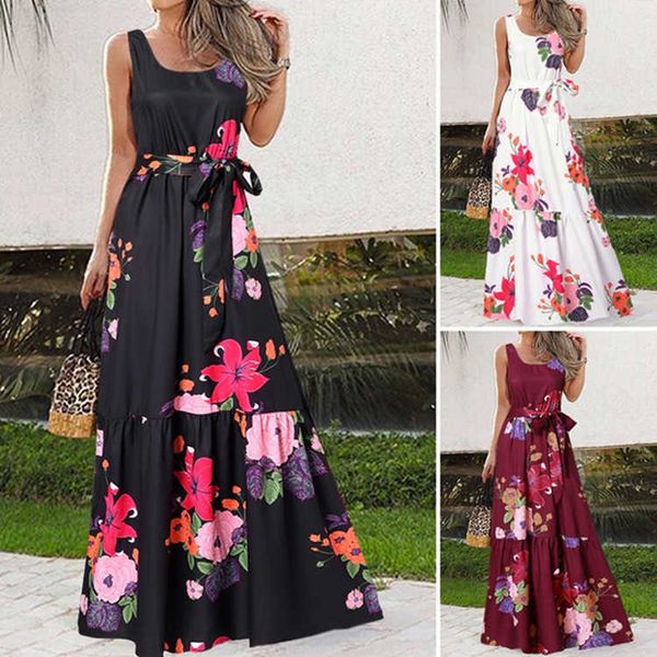

women's clothing, new summer dresses, printed casual women's long dresses, belt dresses, Black;gray