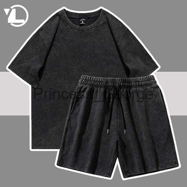 

men's tracksuits summer short sleeve sets men women hip hop washed distressed black tshirtsretro oversized shorts high street solid col, Gray