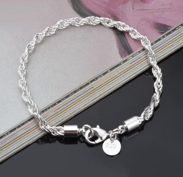 

3mm 4mm width 20cm length rope chain link bracelet fashion 925 sterling silver plated jewelry bracelets whole5213996, Black