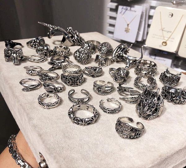 

20pcslot vintage punk antique silver color metal band skull snake rings for men women mix style party gifts adjustable opening je9671876
