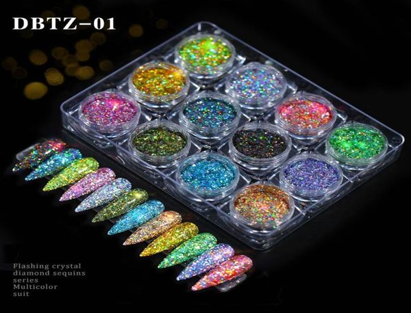 

12 colorsset nail glitter powders flashing crystal diamond sequins series multicolor suit fine shinning mixed package summer 5861407, Silver;gold