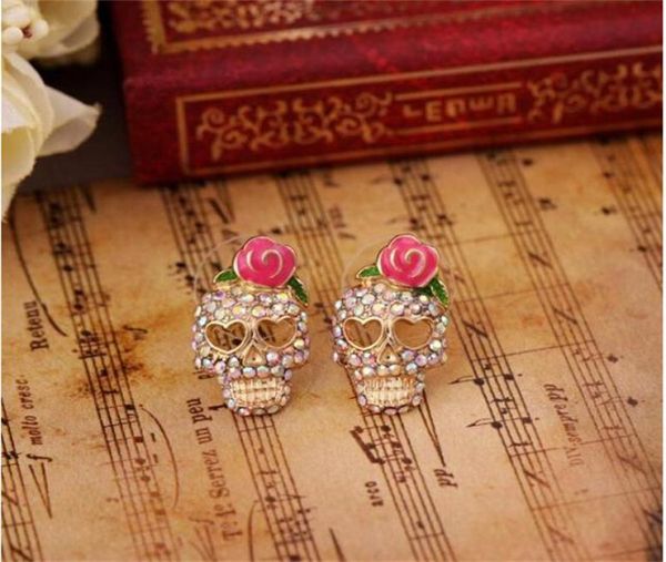 

pink rose skeleton ear studs rose rhinestone skull earrings stud earrings for women girls fashion jewelry6574758, Golden;silver