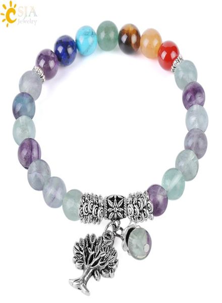 

csja natural stone bracelets for women colorful 7 chakra fluorite bracelet tree of life antique silver yoga meditation jewelry pul4145000, Golden;silver