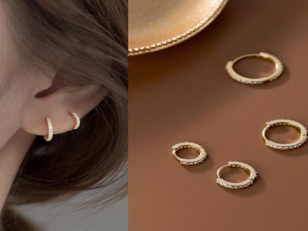 

s925 sterling silver small hoop cubic zirconia huggie women accessory earring 10 mm 12 14 16mm bridal earrings 925 great who4836264, Golden;silver