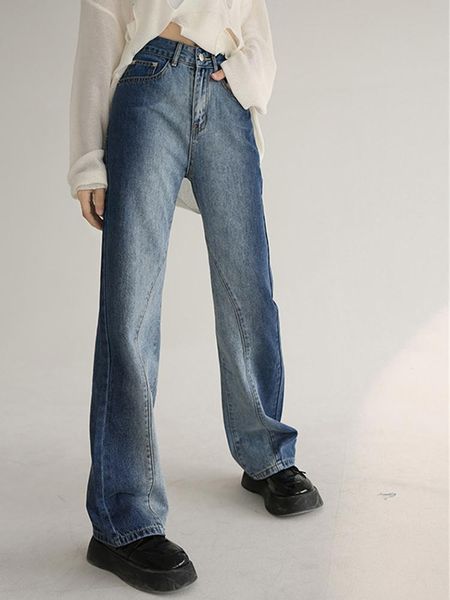 

jeans 2022 korean fashion summer women straight jeans wash denim blue gradient high waist trousers loose long pants streetwear basic