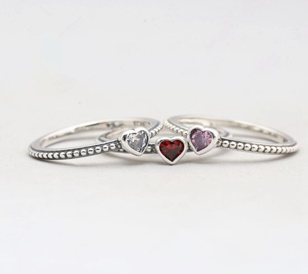 

100 925 sterling silver 3 color red white pink heart cz charm ring for pandora fashion women jewelry2301964, Slivery;golden