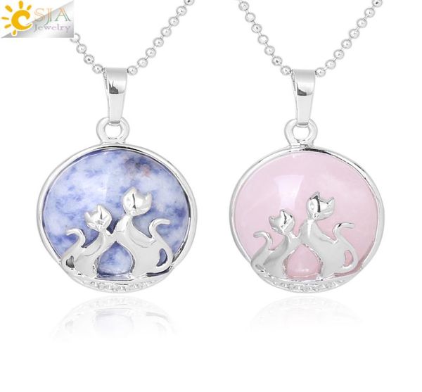 

csja lucky double cat kitty necklace natural stone charm pendant for women amethyst pink crystal lapis lazuli romantic lover jewel6142724, Silver
