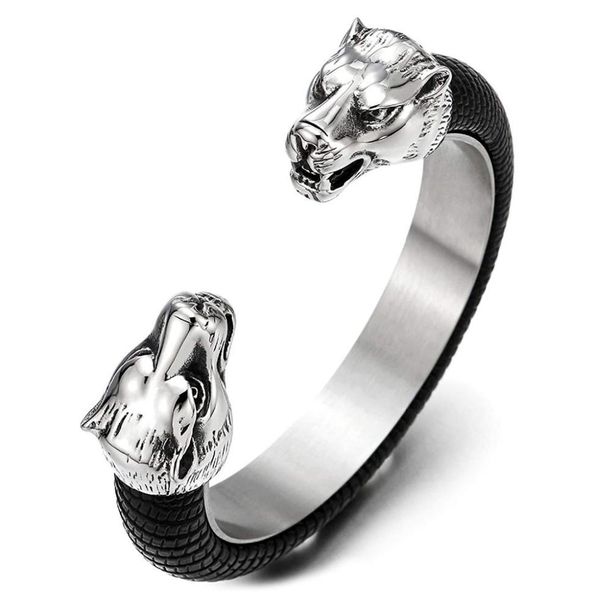 

mens steel wolf head open cuff bangle bracelet inlaid with black leather elastic adjustable 1165032