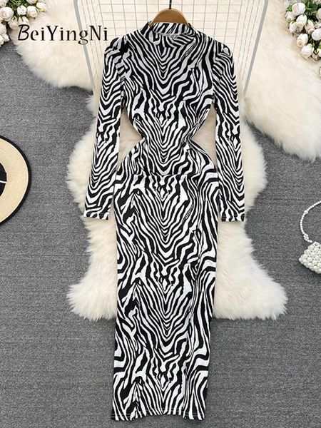

stand collar long midi dress woman zebra printed vintage y2k partu club dresses women chic korean street vestidos lady, Black;gray