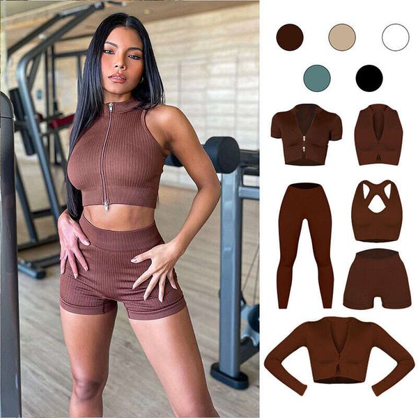 

2023 new ins seamless knitted yoga long sleeve sports fitness suit long pants yoga set for women