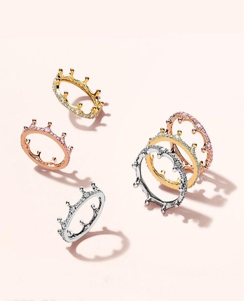

18k rose gold yellow gold plated enchanted crown ring original box for pandora 925 sterling silver cz diamond women wedding ps08796531223, Slivery;golden