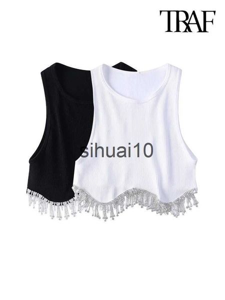 

women's t-shirt traf women fashion with rhinestone tassel crop ribbed knit tank vintage o neck sleeveless female camis mujer j230627, White