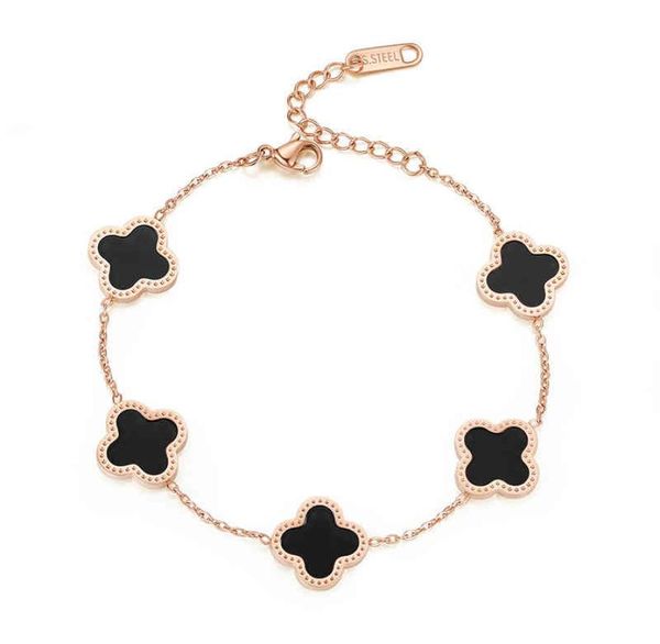 

japan and south korea fashion titanium steel clover five flower female lucky grass acrylic 18k rose gold bracelet7899101, Black