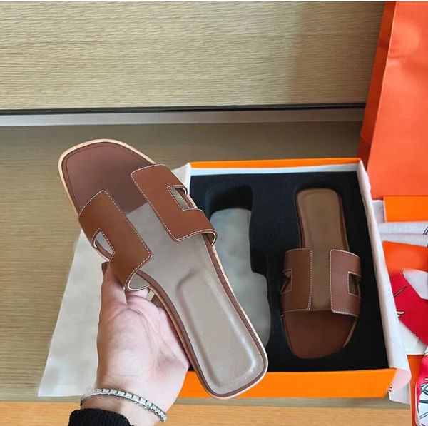 

genuine designer slippers leather same style for women's summer outwear leisure vacation beach slippers 2023 spring flat shoes size34-4, Black