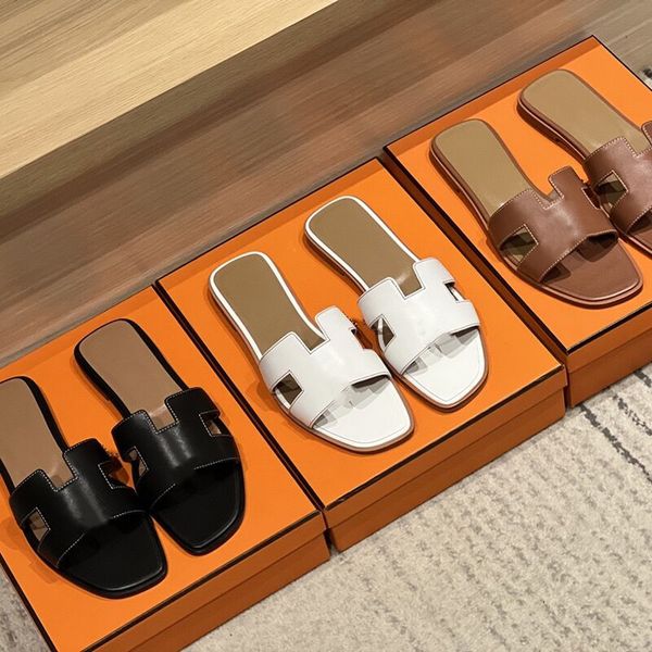 

classics brand women sandals designer beach slippers luxury h letter black brown real leather flat sandal with dust bag 35-42