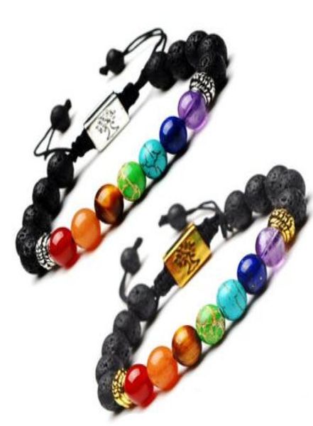 

fashion black lava stone essential oil diffuser bracelet square tree of life 7 chakra beads women men yoga buddha bracelets moq 303261978, Golden;silver