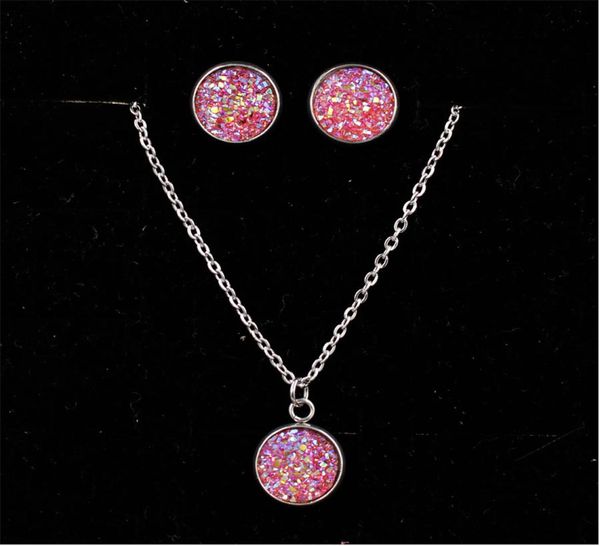 

fashion druzy drusy necklace earrings 12mm stainless steel round resin druzy necklace earrings jewelry set6770747, Silver