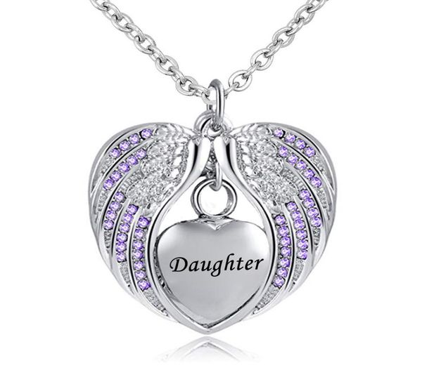 

birthstone charm pendant memorial urn necklace stainless steel waterproof angel wing keepsake cremation jewelry for daughter1486673, Silver