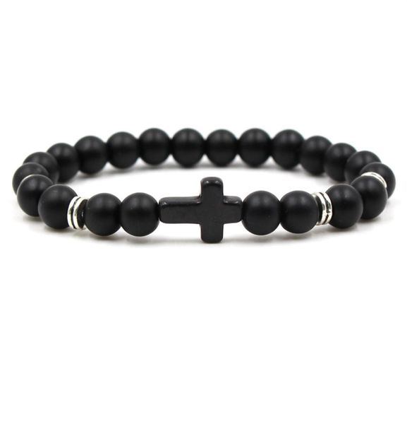 

bracelet 8mm frosted stone beaded strands turquoise alloy silver plated cross elastic women men bracelets bangles8298897, Black