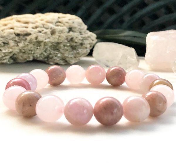

mg0866 natural a grade 10 mm kunzite bracelet rose quartz rhodonite yoga mala bracelet womens natural gemstone bracelet6804337, Black