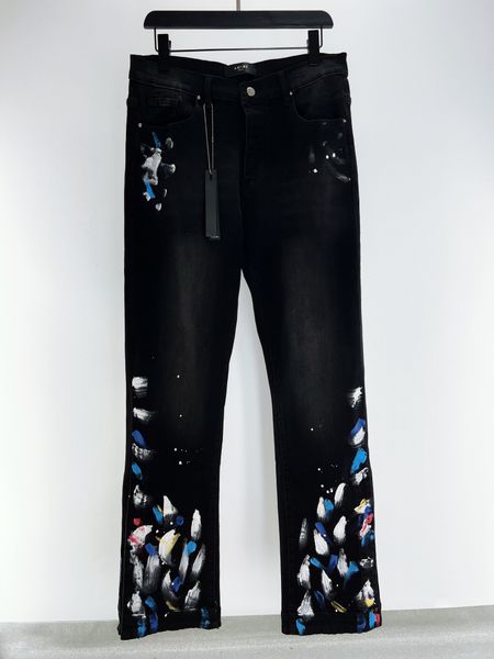 

2023 new mens jeans designer denim jeans splash-ink straight-leg pants holes jean pants man motorcycle riding slim denim pants, Blue