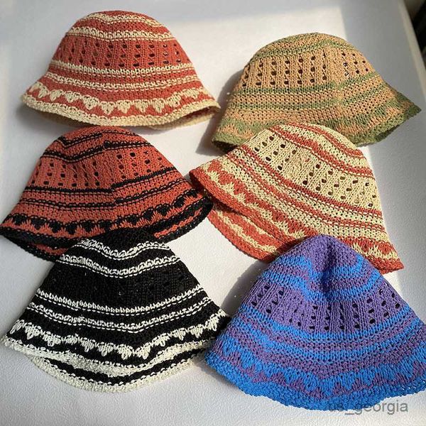 

caps hand-crochet straw cotton women sun bucket cap summer hollow fisherman's hat breathable leisure stripe basin hat r230627, Blue;gray