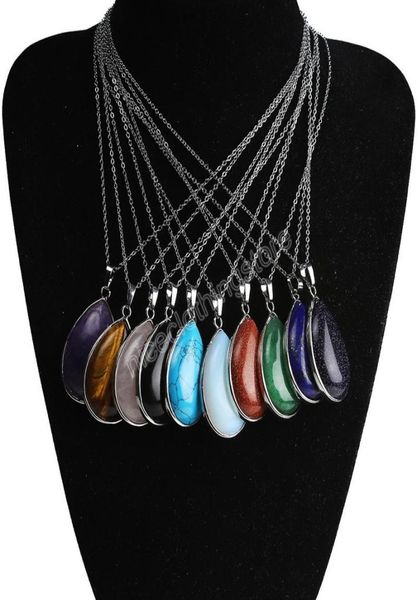 

water drop natural stone opal crystal pendant necklace chakra healing jewelry for women men chain4426091, Silver