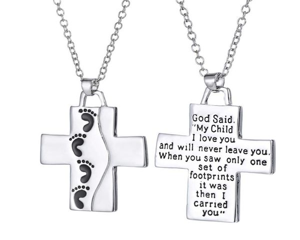 

footprint jesus cross necklace letters my child i love you pendant necklaces fashion jewelry gift for women kids2277867, Silver