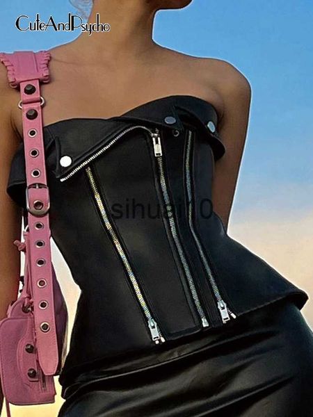 

women's t-shirt cuteandpsycho clubwear leather tube corset zipper chic off shoulder harajuku skinny pu camis aesthtiec fashion clothes, White