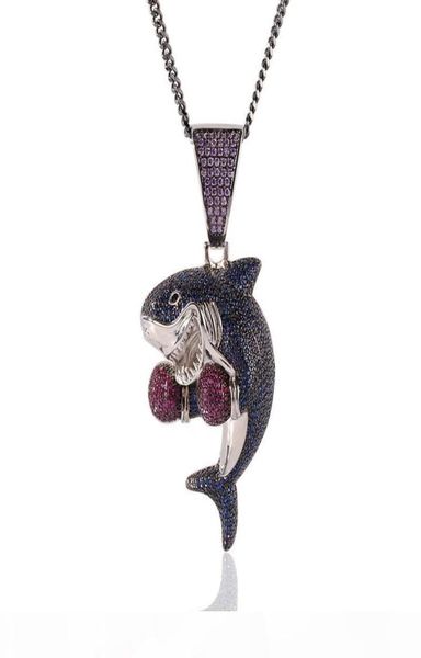 

iced out boxing shark pendant necklace fashion mens hip hop necklace jewelry gold silver cuban chain necklaces8398448
