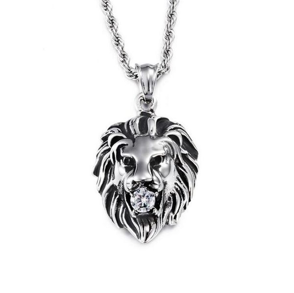 

hiphop viking lion necklaces stainless steel gold color punk animal lion head pendant necklace with cz zircon crystal for men wome7895545, Silver