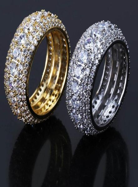 

new mens ring vintage hip hop jewelry zircon iced out stainless steel rings gold silver plated five row drill fashion jewelry2277603, Golden;silver