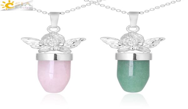 

csja little angel necklace natural stone beads pendant bullet shape necklaces pink quartz lapis lazuli for women lovely neck jewel3083249, Silver