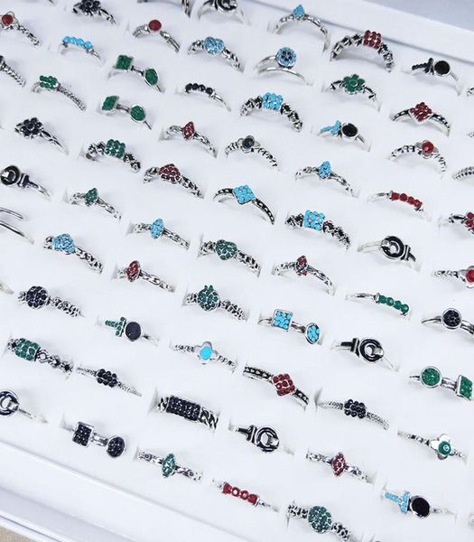 

50pcslot vintage antique silver color band metal heart geometry diamond love rings for women mix style fashion jewelry party gift5671078