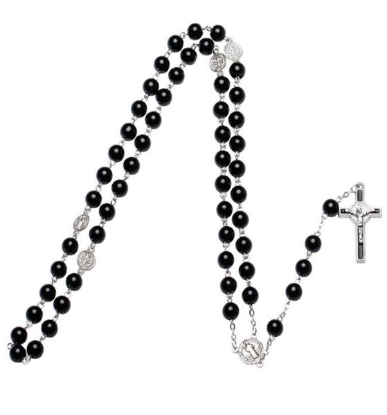 

black glass pearl catholic rosary necklace metal cross long necklace8420219, Silver