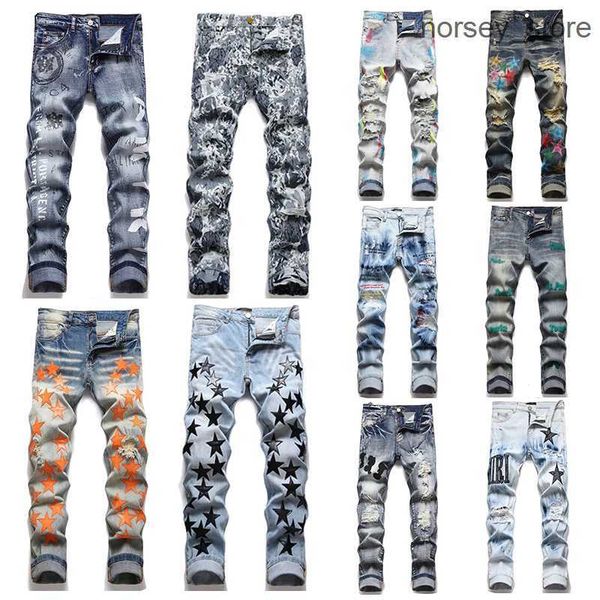 

designer mens jeans men's high street purple for embroidery pants oversize ripped patch hole denim straight fashion streetwear slim ami, Blue