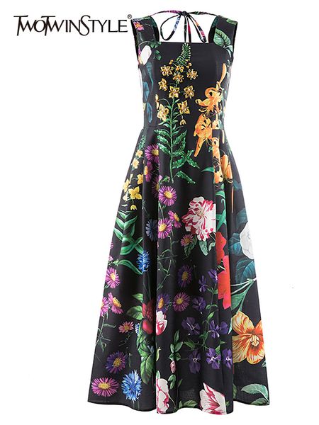 

casual dresses twotwinstyle summer loose dress for women square collar sleeveless high waist print colorblock midi female clothing 23327, Black;gray
