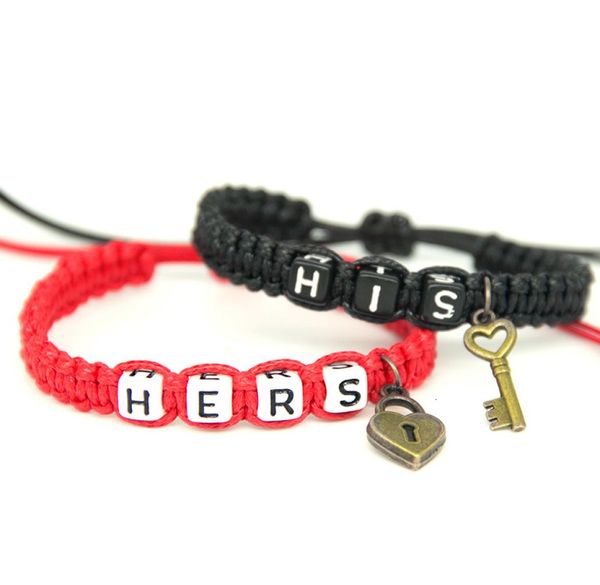 

2pcspair couple bracelets black his and red hers with key lock rope chains lovers gift handmade girlfriend gift charm bracelets7438441, Golden;silver