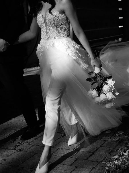 

unique sheath wedding dresses with detachable train strapless 2 pieces bridal pants suit bride jumpsuit for wedding party, White
